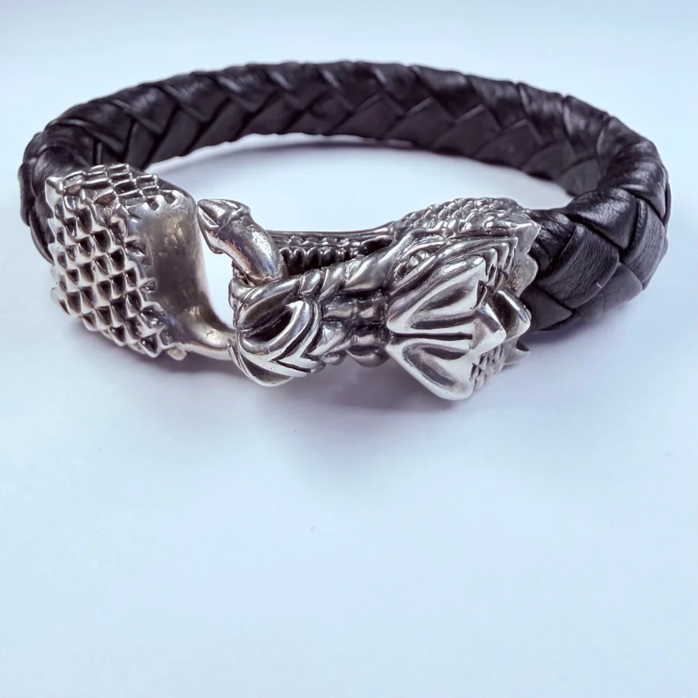 King Baby Large Dragon 925 Sterling Silver & Leather Braided Bracelet $985 - Picture 2 of 12